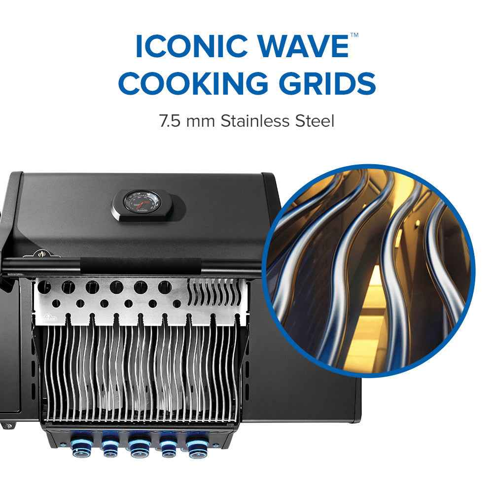 Stainless steel wave cooking grids for a black gas grill