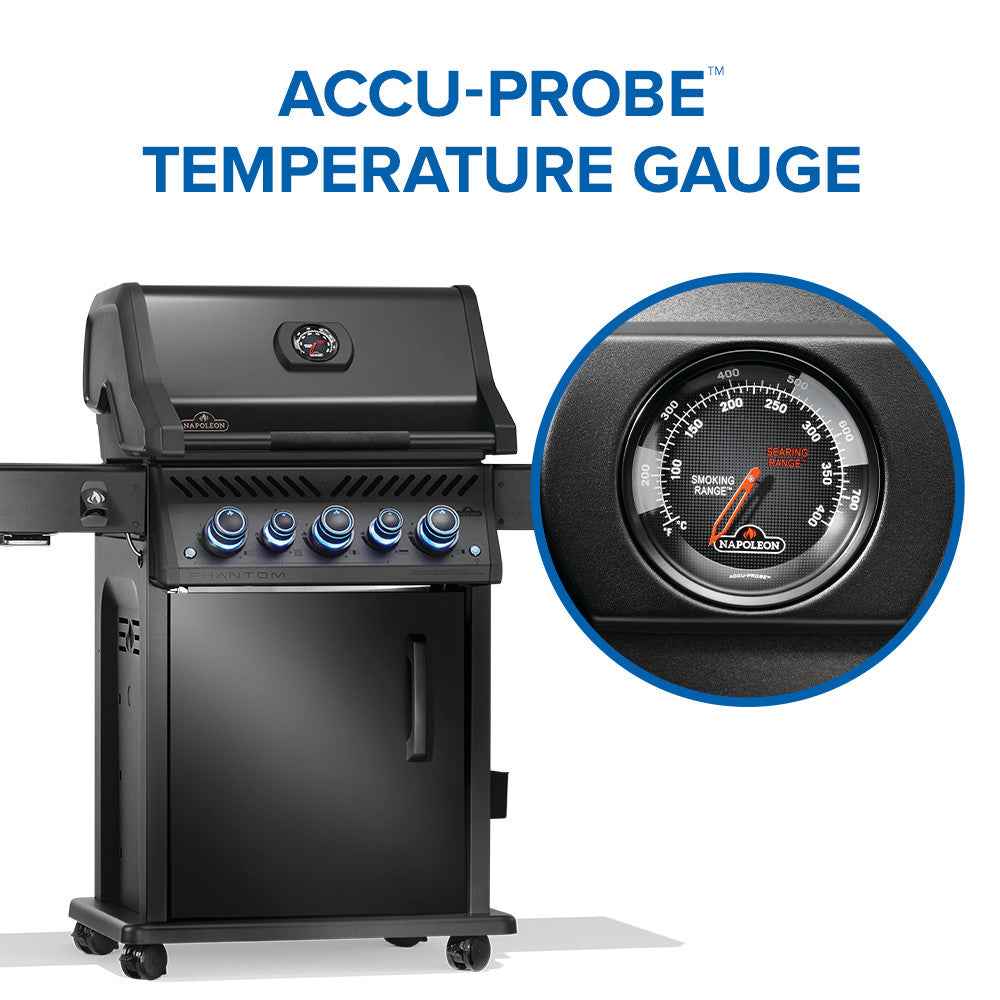 Black gas grill temperature gauge with blue control knobs on the front panel