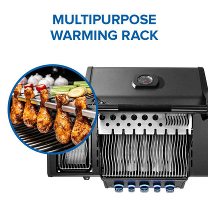 Black gas grill with warming rack above the cooking grates and blue control knobs