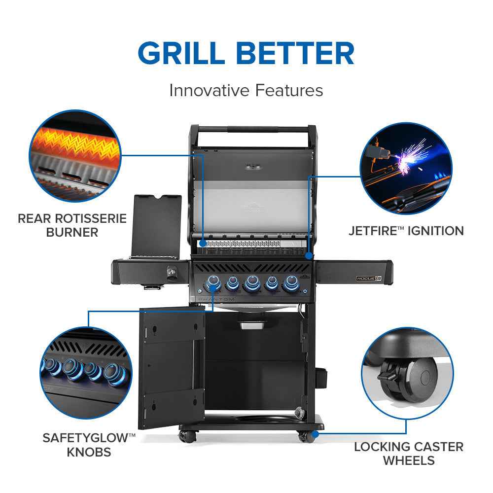 Open black gas grill with blue-lit control knobs, rear burner area, and side shelf