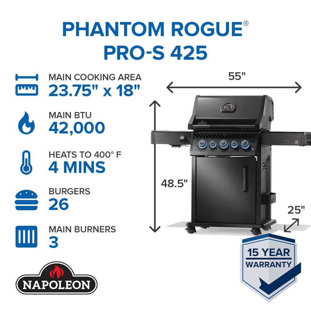 Black gas grill with blue control knobs, side shelf, and hood with temperature gauge