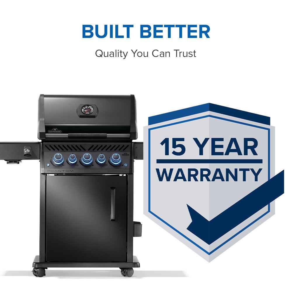 Closed black Napoleon gas grill with blue control knobs and side burner on both sides