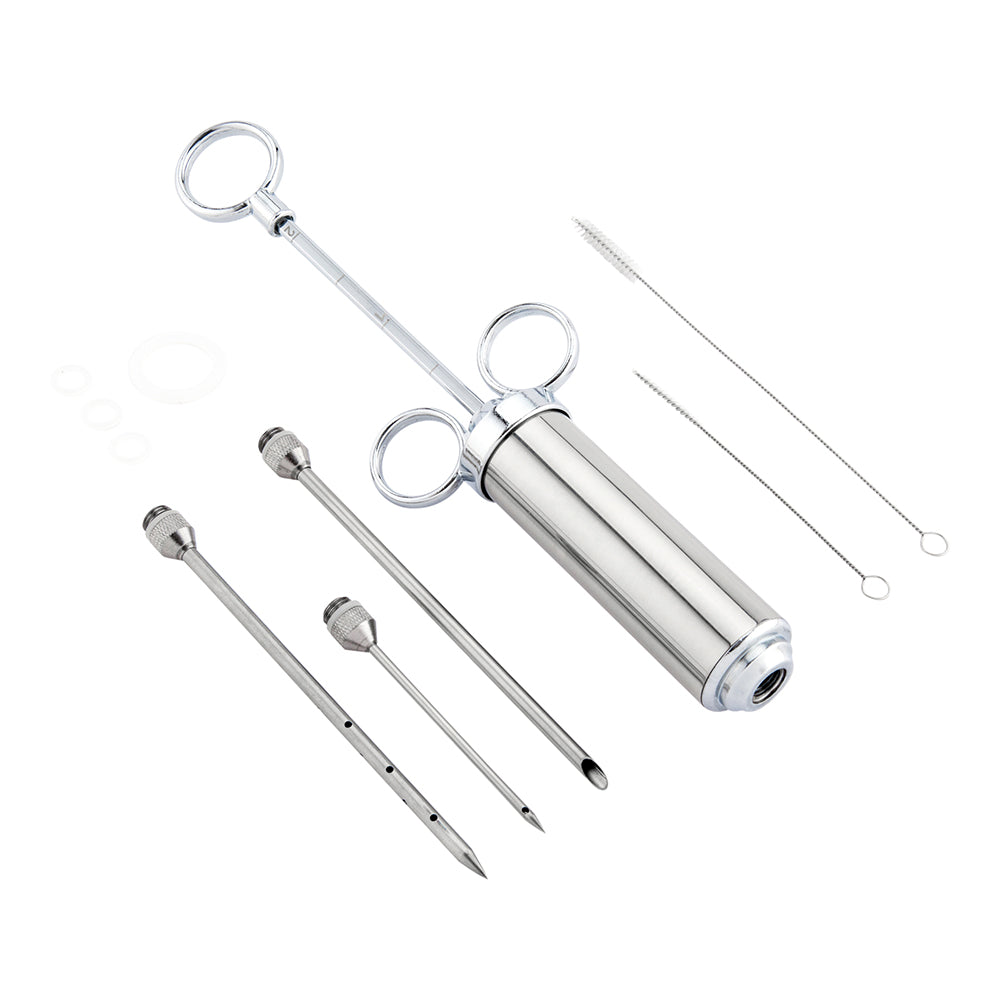 Stainless meat injector with grip handle, circular ring guards, and four needles