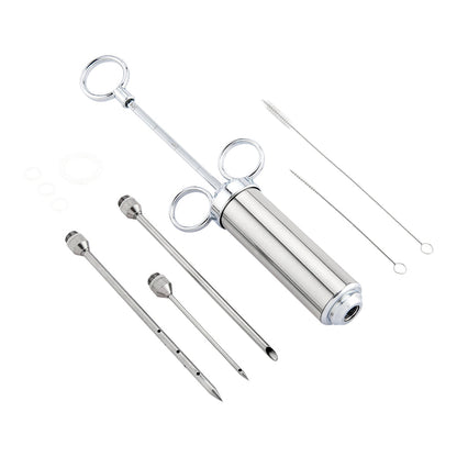 Stainless meat injector with grip handle, circular ring guards, and four needles