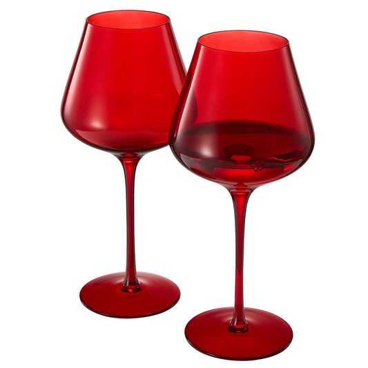 Red stemmed wine glasses, set of two, rounded bowl and tapered rim