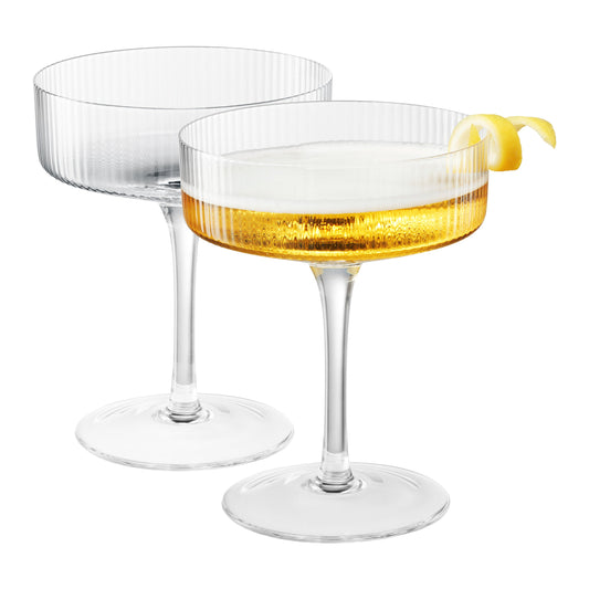 Ribbed champagne coupe glass with gold drink, two-pack, clear stems and base