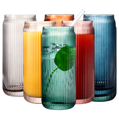 Tonal Ribbed Soda Can Highball Glassware & 6 Glass Straws, Set of 6