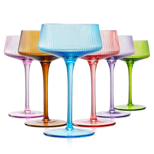 Set of 6 pastel coupe cocktail glasses with fluted bowls and short stems