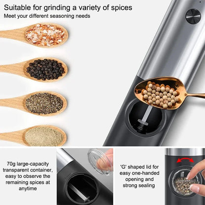 Electric pepper grinder with spice-filled clear chamber, stainless steel tube and black base