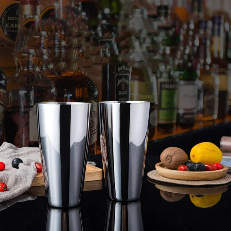 Stainless cocktail shaker cups for mixing drinks, two-piece view