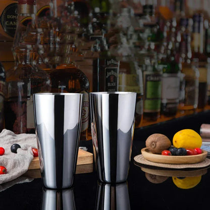 Stainless cocktail shaker cups for mixing drinks, two-piece view
