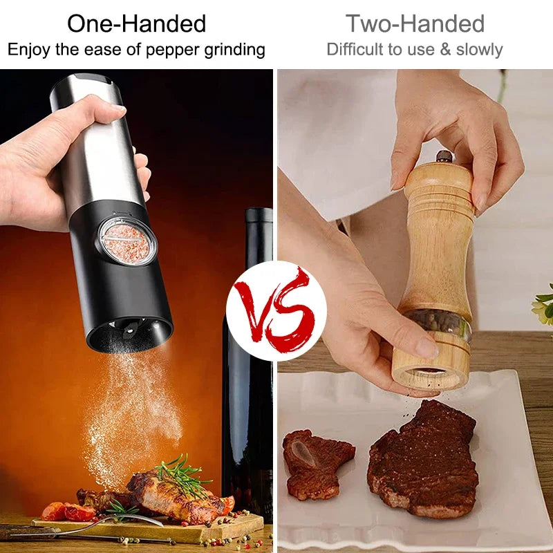 Electric pepper grinder held in one hand, stainless steel and black cylindrical mill