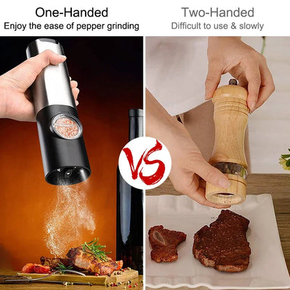 Electric pepper grinder held in one hand, stainless steel and black cylindrical mill