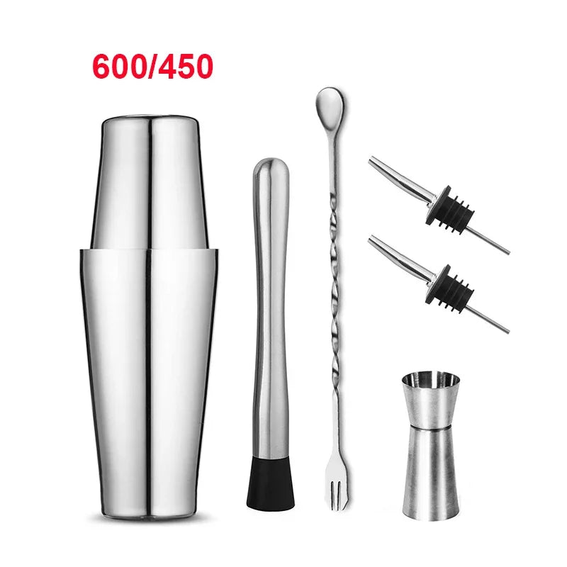 Stainless steel cocktail shaker set with shaker, jigger, bar spoon, and bar tools