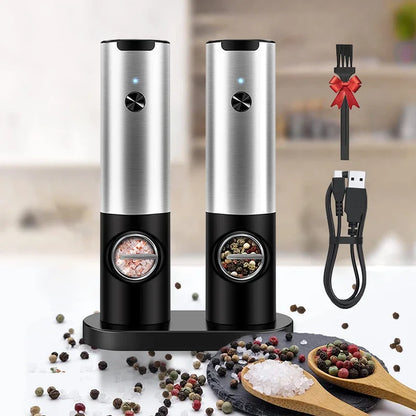 Electric salt and pepper grinder set with charging cable, stainless steel and black twin mills