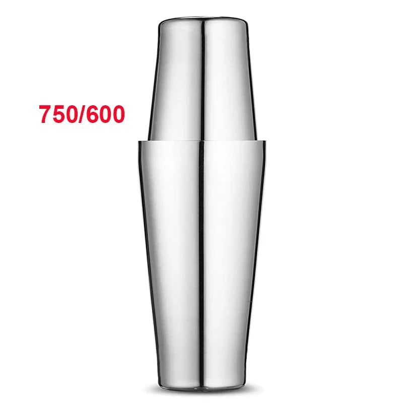 Stainless steel cocktail shaker with black band at the base, polished finish