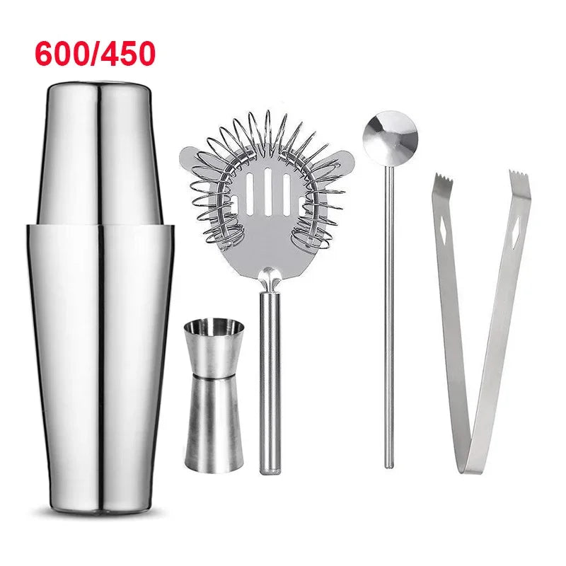 Stainless cocktail shaker set with strainer, jigger, spoon, and bar tongs