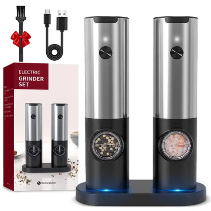 Electric grinder set on charging stand, stainless steel twin mills with blue LED glow