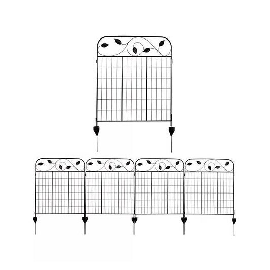 Black steel foldable garden fence trellis panels with floral top and stakes, 4-pack