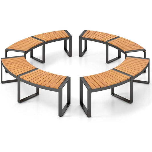 Set of 4 backless round outdoor benches with slatted wood seats and black metal frames