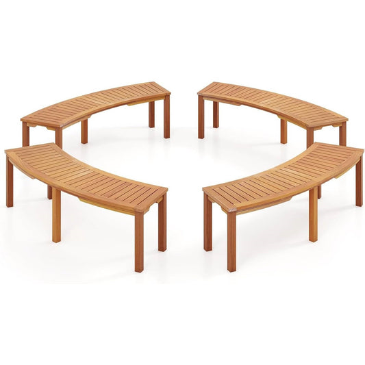 Set of 4 outdoor curved backless garden benches, slatted seats, warm wood tone