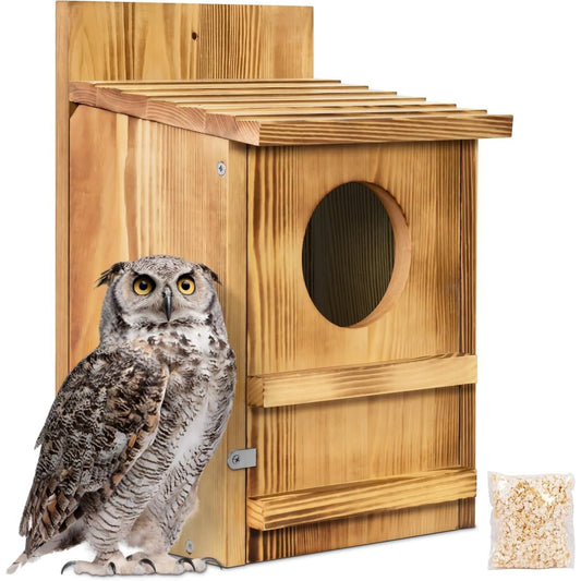 Wooden birdhouse with oval entrance hole and side panel, natural pine finish