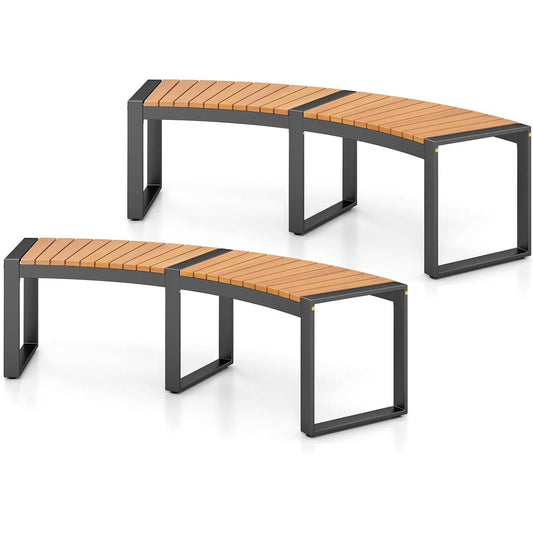 Set of 2 backless patio benches with dark metal frames and light wood slat tops