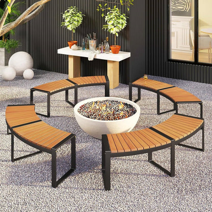 Set of 2 - Outdoor Metal Wood Backless Garden Bench with Modern Curved Design