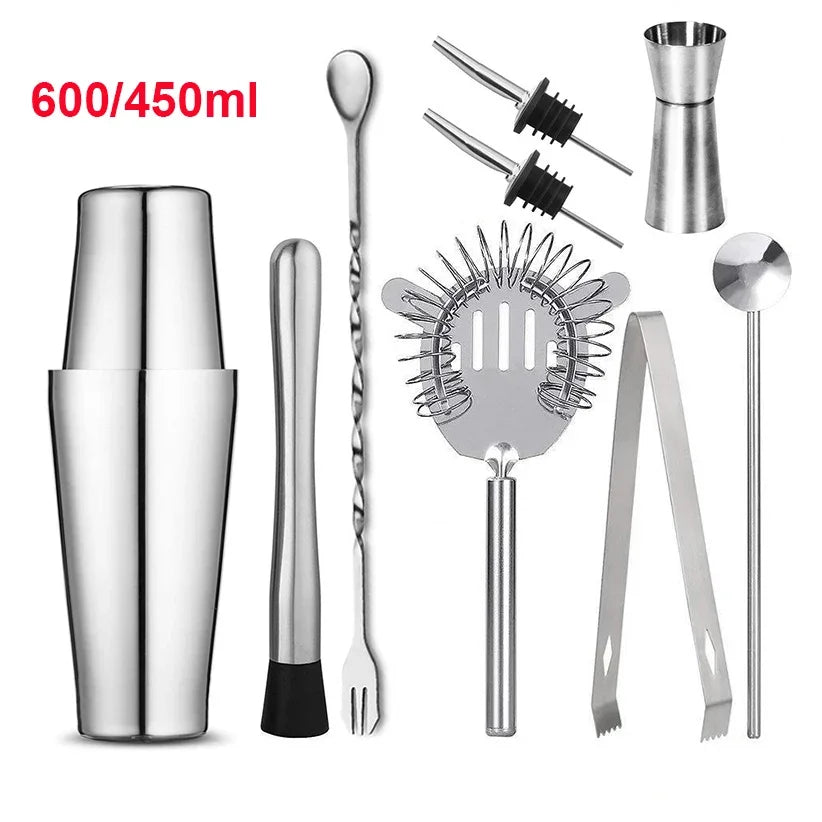 Stainless cocktail shaker set with jigger, strainer, and bar tools