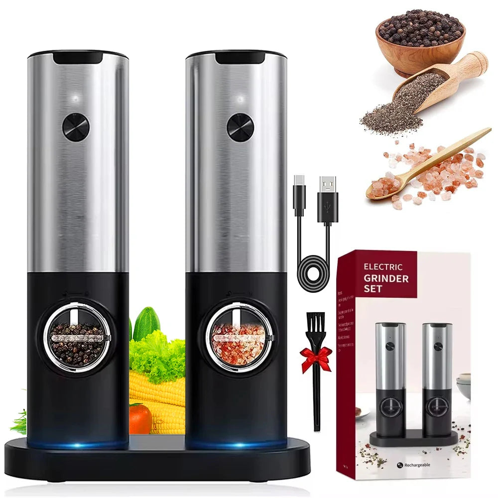 Electric salt and pepper grinder set, stainless steel and black twin mills with LED window