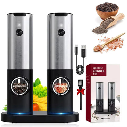 Electric salt and pepper grinder set, stainless steel and black twin mills with LED window