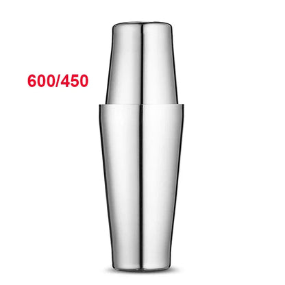 Stainless steel cocktail shaker with black base ring, polished double-wall design