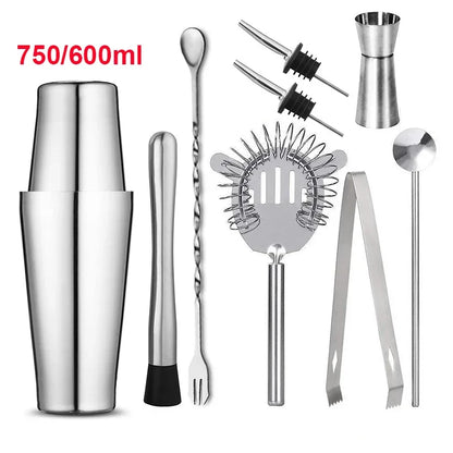 Stainless steel cocktail shaker set with jigger, bar spoon, strainer, and bar tools