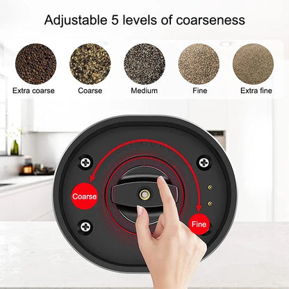 Adjustable coarse settings on electric grinder base, black dial with red coarse-to-fine scale