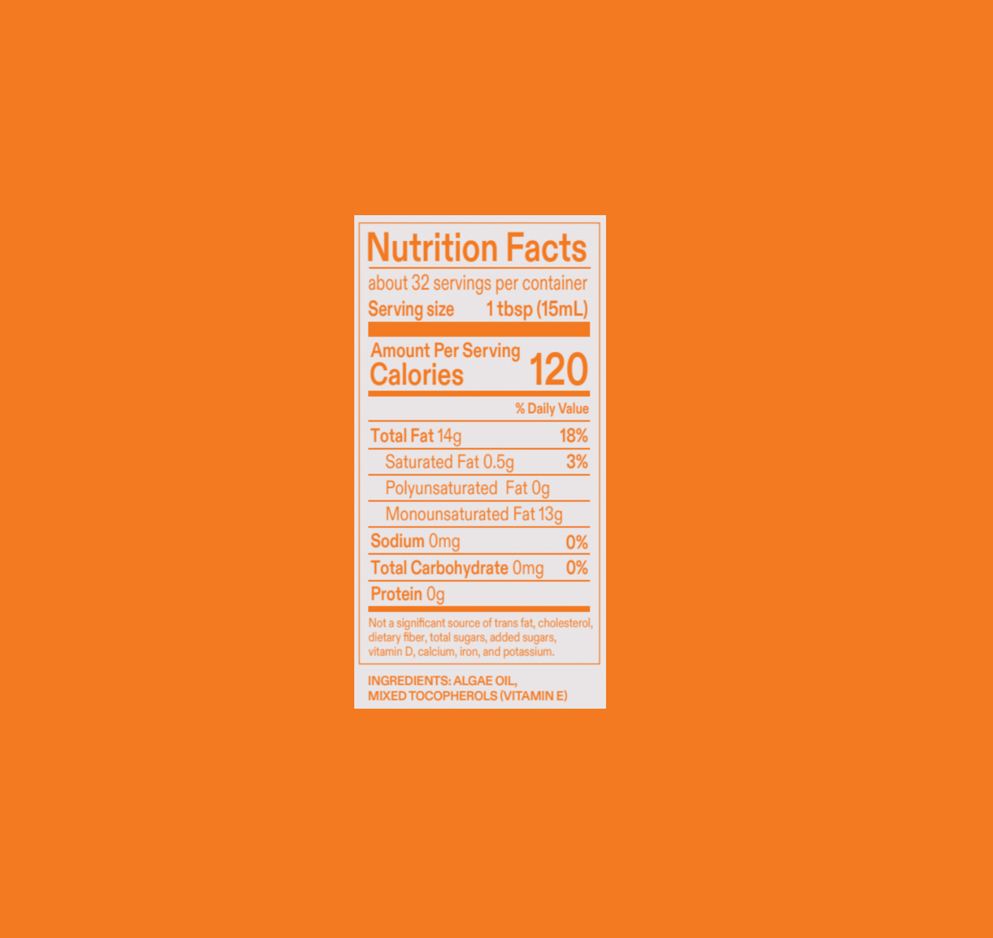 Nutrition Facts panel for algae cooking oil, serving size 1 tbsp (15 mL)
