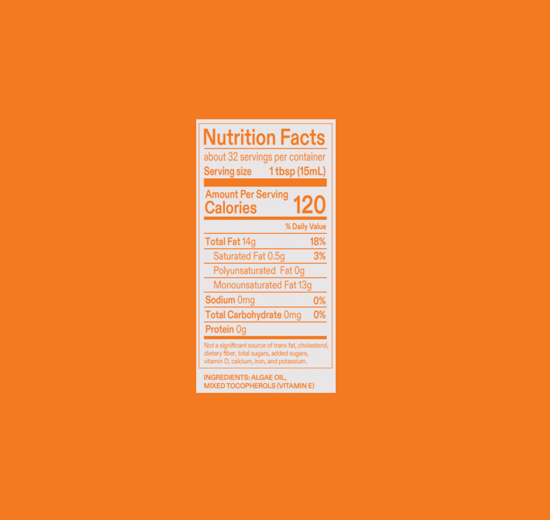Nutrition Facts panel for algae cooking oil, serving size 1 tbsp (15 mL)
