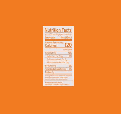 Nutrition Facts panel for algae cooking oil, serving size 1 tbsp (15 mL)