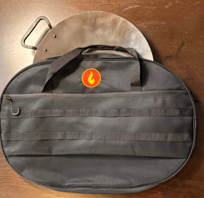 Round black protective bag with flame emblem and carry strap for grill accessories