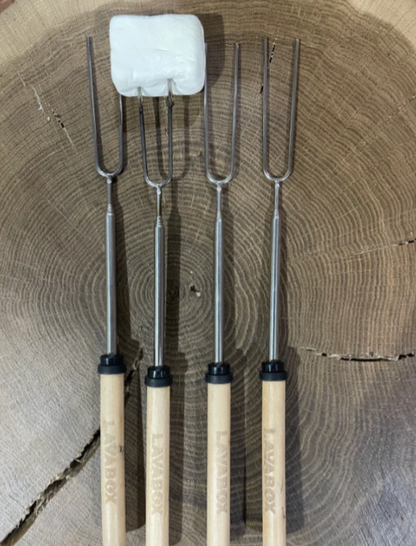 Five-piece campfire tool set with U-shaped heads and light wood handles on hooks