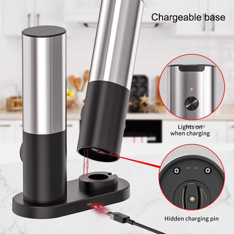 Electric grinder charging base with hidden pin, stainless steel and black stand
