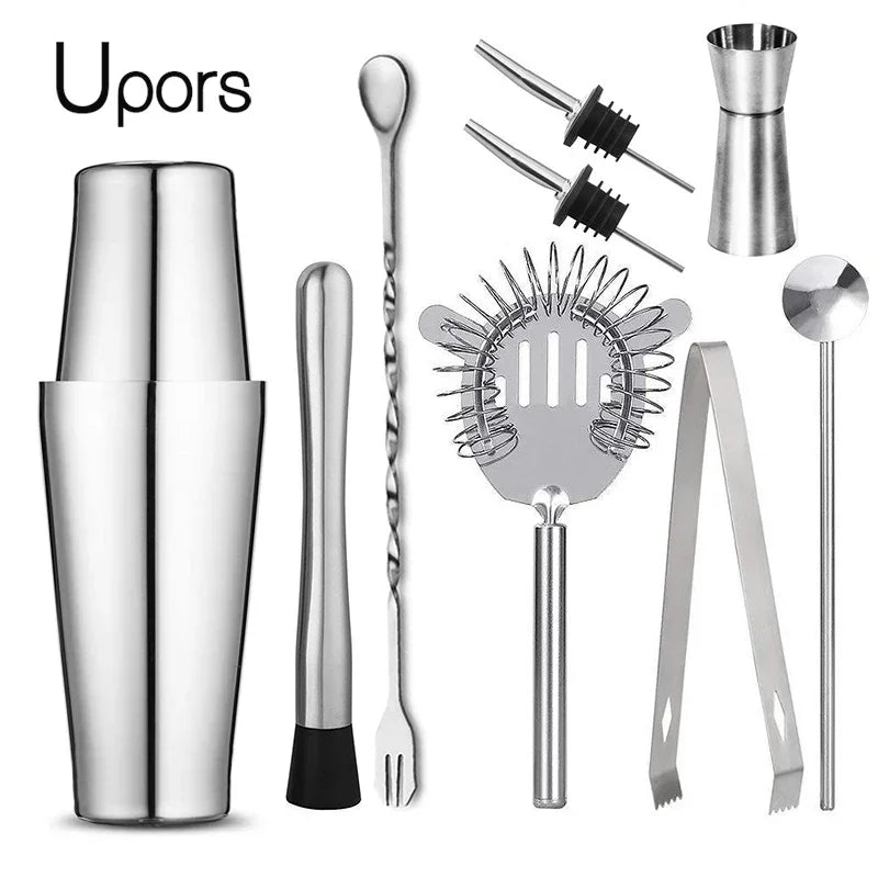Stainless cocktail shaker set with jigger, bar spoon, strainer, and tongs tools