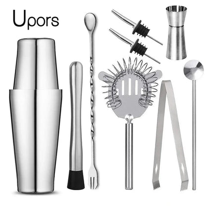 Stainless cocktail shaker set with jigger, bar spoon, strainer, and tongs tools