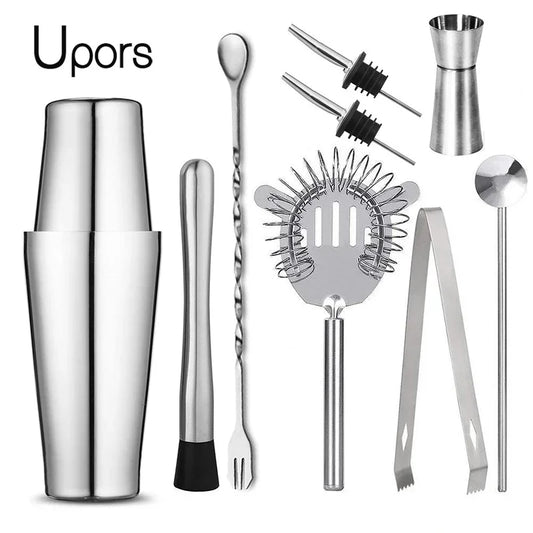 Stainless cocktail shaker set with jigger, bar spoon, strainer, and tongs tools