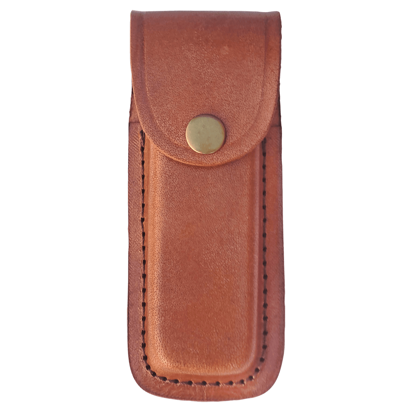 Tan leather folding knife sheath with snap button and stitched edges