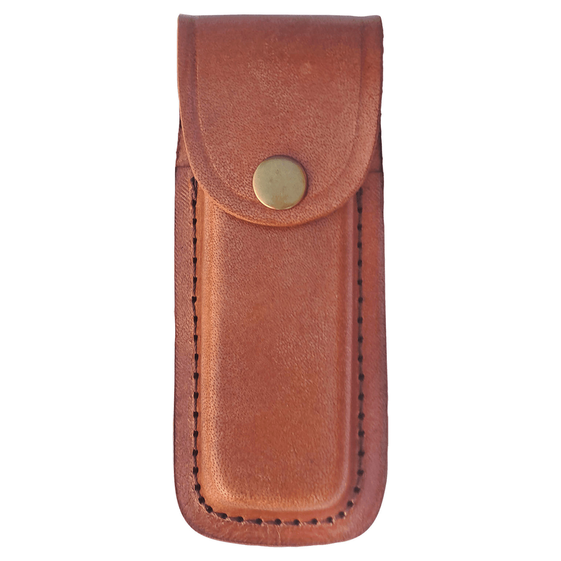 Tan leather folding knife sheath with snap button and stitched edges