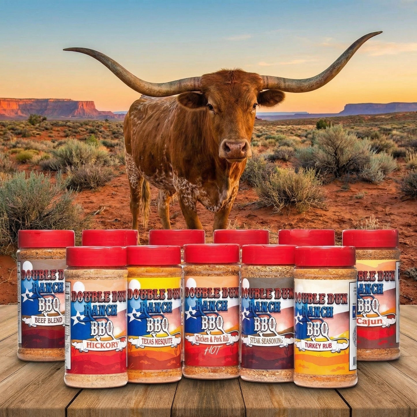 BBQ rub variety set of red-lidded seasoning bottles arranged in a line