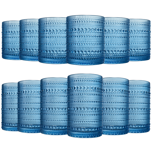 Textured hobnail glass set of 12 in blue, clear rims, stacked lowball and highball cups