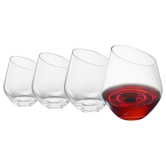 Set of 4 stemless wine glasses with slanted sides, one filled with red wine