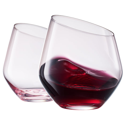 Set of 2 stemless wine glasses with red wine