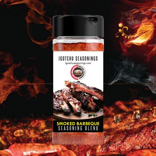 Smoked barbeque seasoning blend bottle with spice rub visible through jar